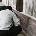 東大寺大仏殿で、液体のようなものがかけられた跡を確認する文化庁の職員ら＝15日午後、奈良市